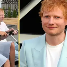 Ed Sheeran w jasnoniebieskiej marynarce i młody mężczyzna z pomarańczowymi włosami na skuterze.